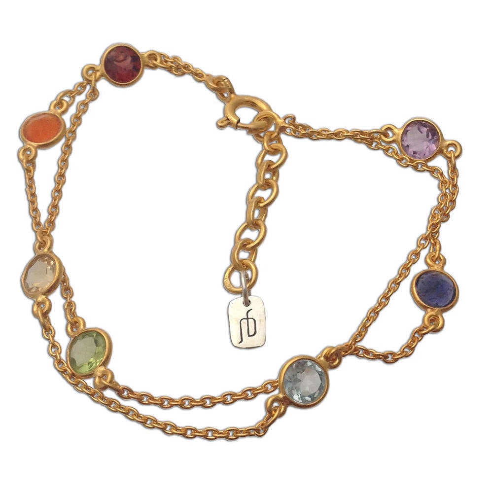 Handmade Chakra Gold over Silver Multi-Gemstone Bracelet