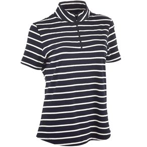 Ibkul Women\'s Wide Stripe Zip Mock Neck Polo 2156352-Black/White  Size 2xl, black/white