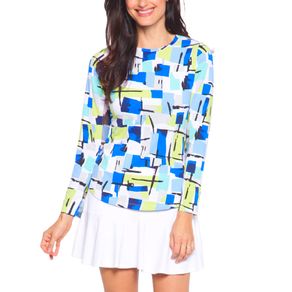 Ibkul Women\'s Mondrian Print Long Sleeve Crew Neck 2157777-Blue/Jade  Size xs, blue/jade