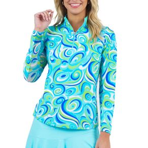 Ibkul Women\'s Emma Print Long Sleeve Zip Mock Neck Top 2159397-Turquoise  Size sm, turquoise