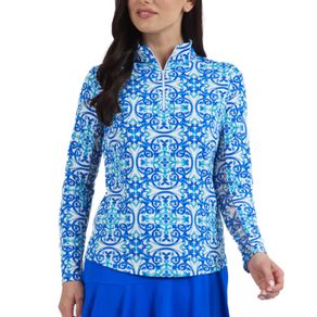 Ibkul Women\'s Alice Long Sleeve Zip Mock Neck Top 2159403-Blue Tonal  Size sm, blue tonal
