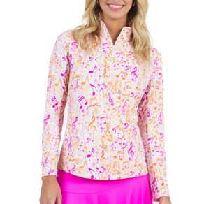 Ibkul Women\'s Take Note Print Long Sleeve Zip Mock Neck Top 2159477-Pink/Coral  Size 2xl, pink/coral