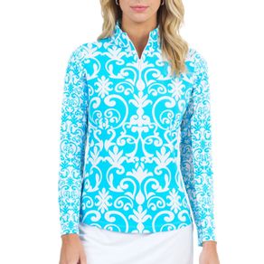 Ibkul Women\'s Mayhem Print Long Sleeve Zip Mock Neck Top 2159487-Turquoise/White  Size lg, turquoise/white