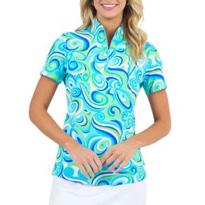 Ibkul Women\'s Emma Print Short Sleeve Zip Mock Neck 2159623-Turquoise  Size sm, turquoise