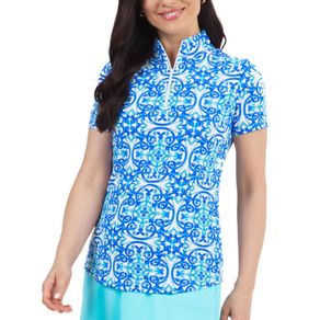 Ibkul Women\'s Alice Print Short Sleeve Zip Mock Neck Top 2159631-Blue Tonal  Size lg, blue tonal