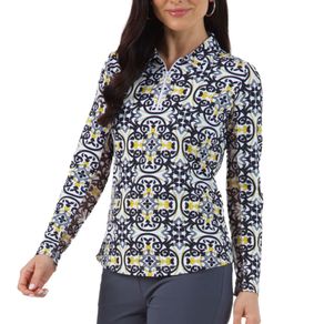 Ibkul Women\'s Alice Print Long Sleeve Polo 2159751-Black/Gold  Size sm, black/gold