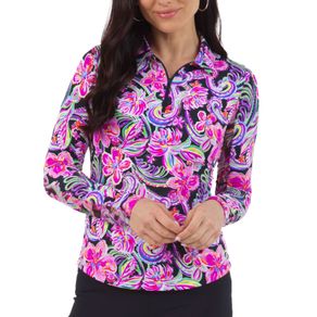 Ibkul Women\'s Allie Print Long Sleeve Polo 2159761-Black  Size 2xl, black
