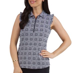 Ibkul Women\'s Pricilla Print Sleeveless Polo with Ruffles 2159800-White/Black  Size md, white/black