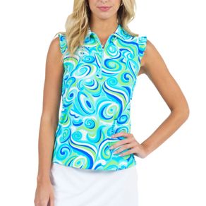 Ibkul Women\'s Emma Print Sleeveless Polo with Ruffles 2159805-Turquoise  Size sm, turquoise