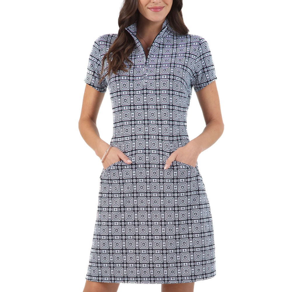 Ibkul Women\'s Pricilla Print Short Sleeve Zip Mock Dress  Size LG, Peri/Navy