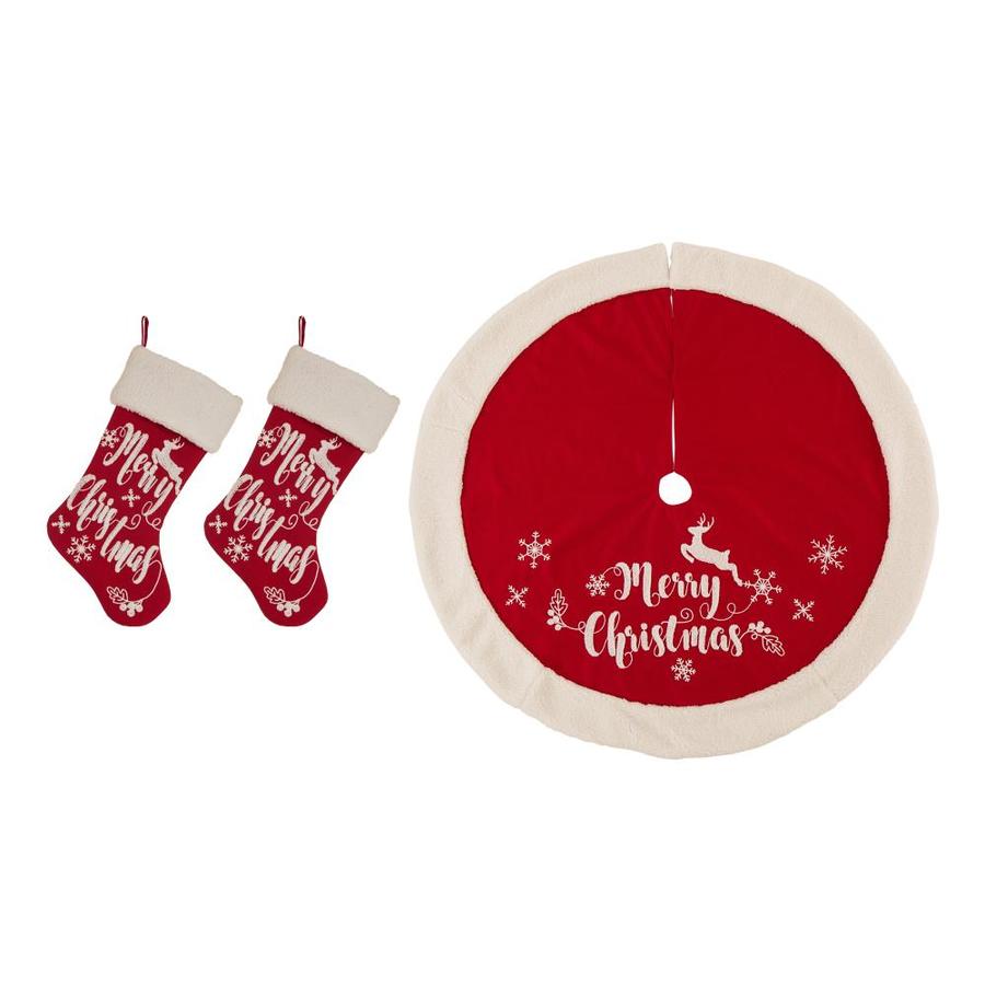 Glitzhome Set of 3 Fabric Christmas Decoration(Stocking and Tree Skirt)- Merry Christmas Polyester in Red | 2004700034