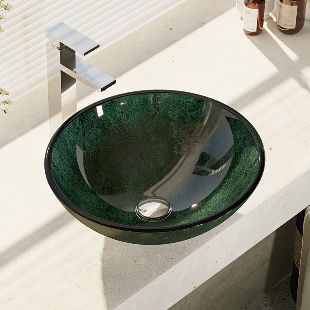 R5-5027-R9-7003 Forest Green Glass Vessel Bathroom Sink with Faucet, Sink Ring, and Pop-Up Drain