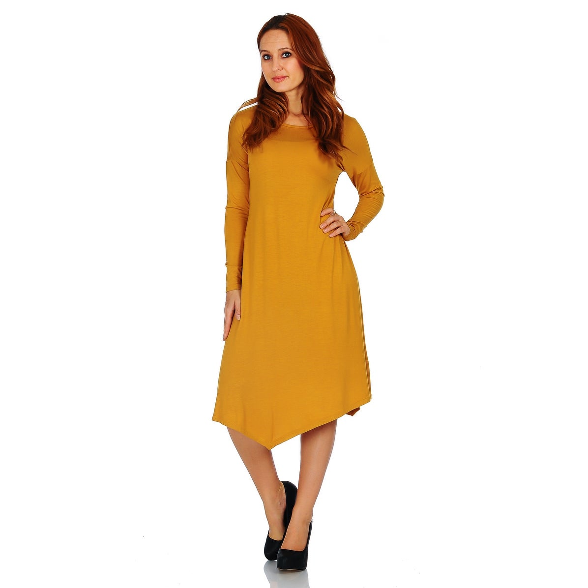 Simply Ravishing Basic Asymmetrical Hem Long Sleeve Casual Dress (Size: S-3X)