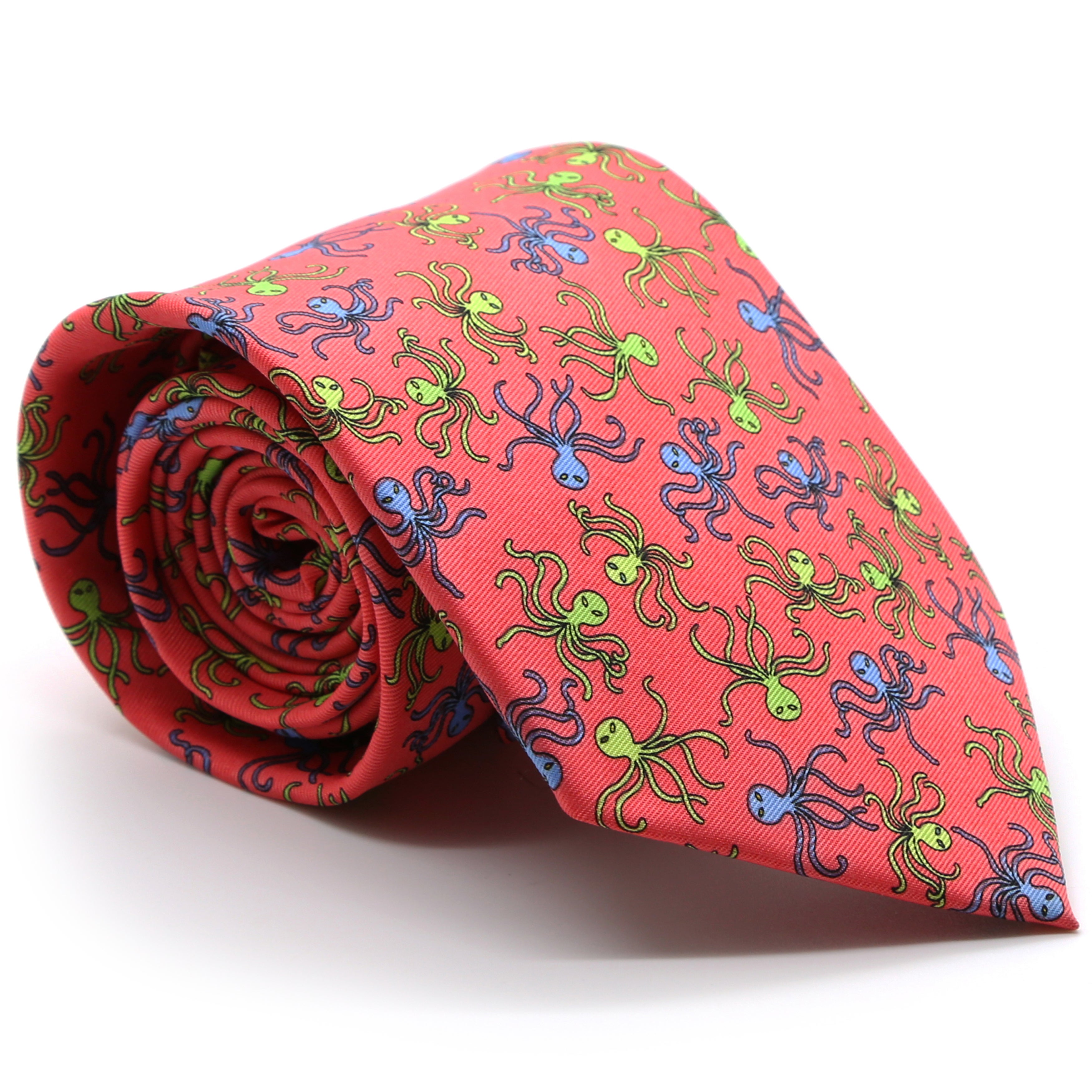 Men's Printed Designer Necktie - Octopus Design with Handkerchief Set in Many Colors