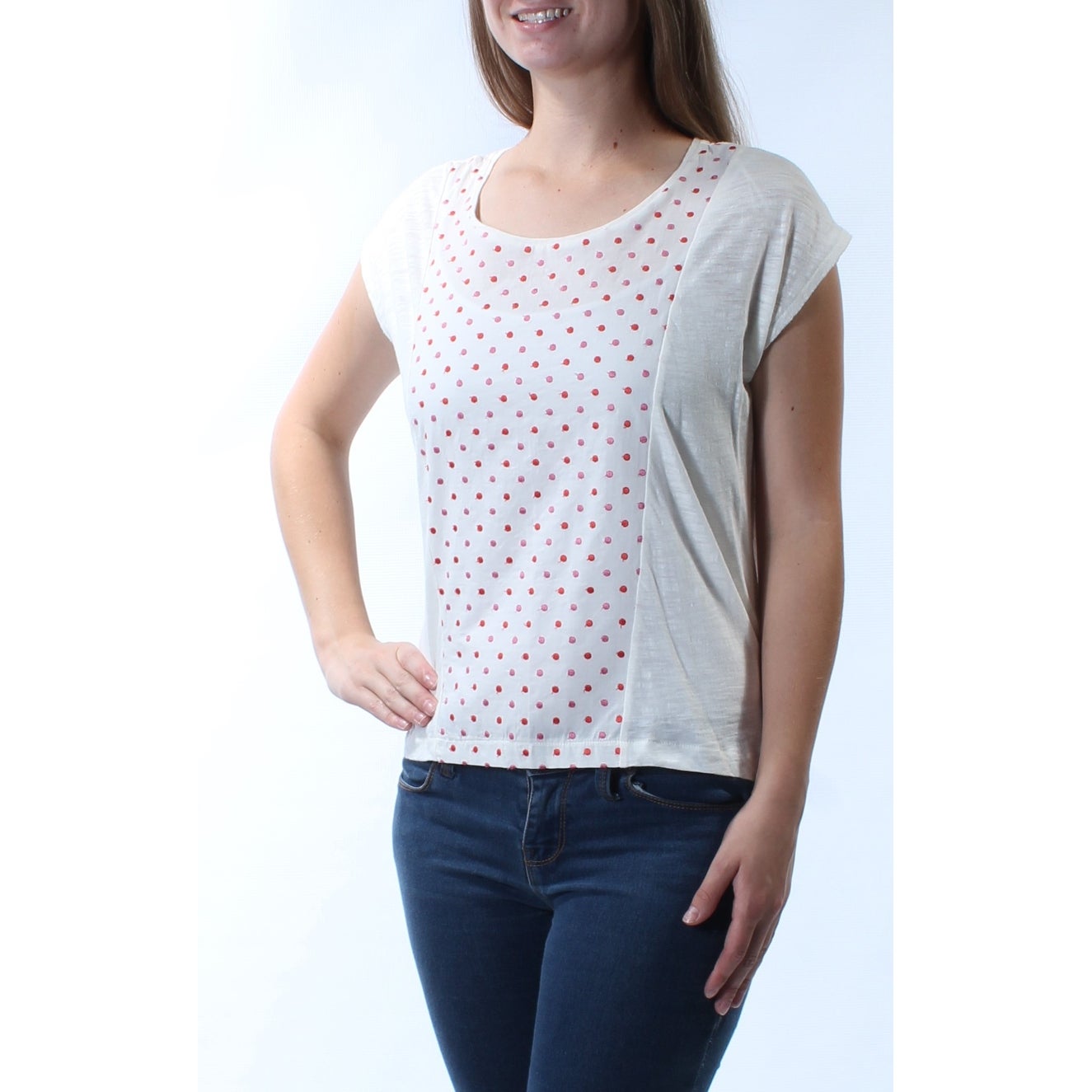 MAISON JULES Womens New 7299 White Polka Dot Sheer Short Sleeve Top S
