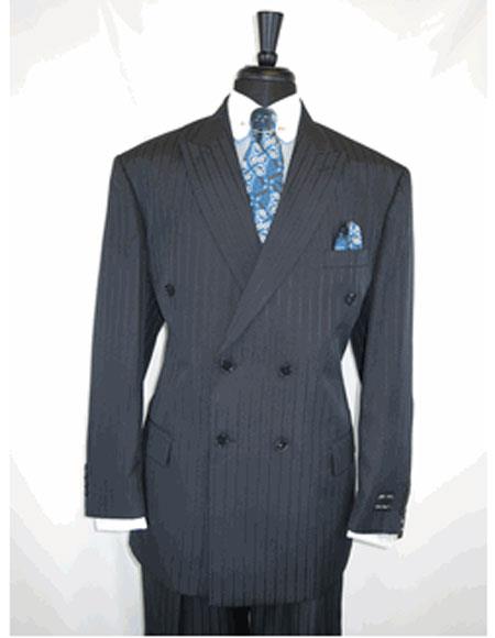 Men's Classic Tone On Tone Stripe Double Breasted Blue Peak Lapel Suit