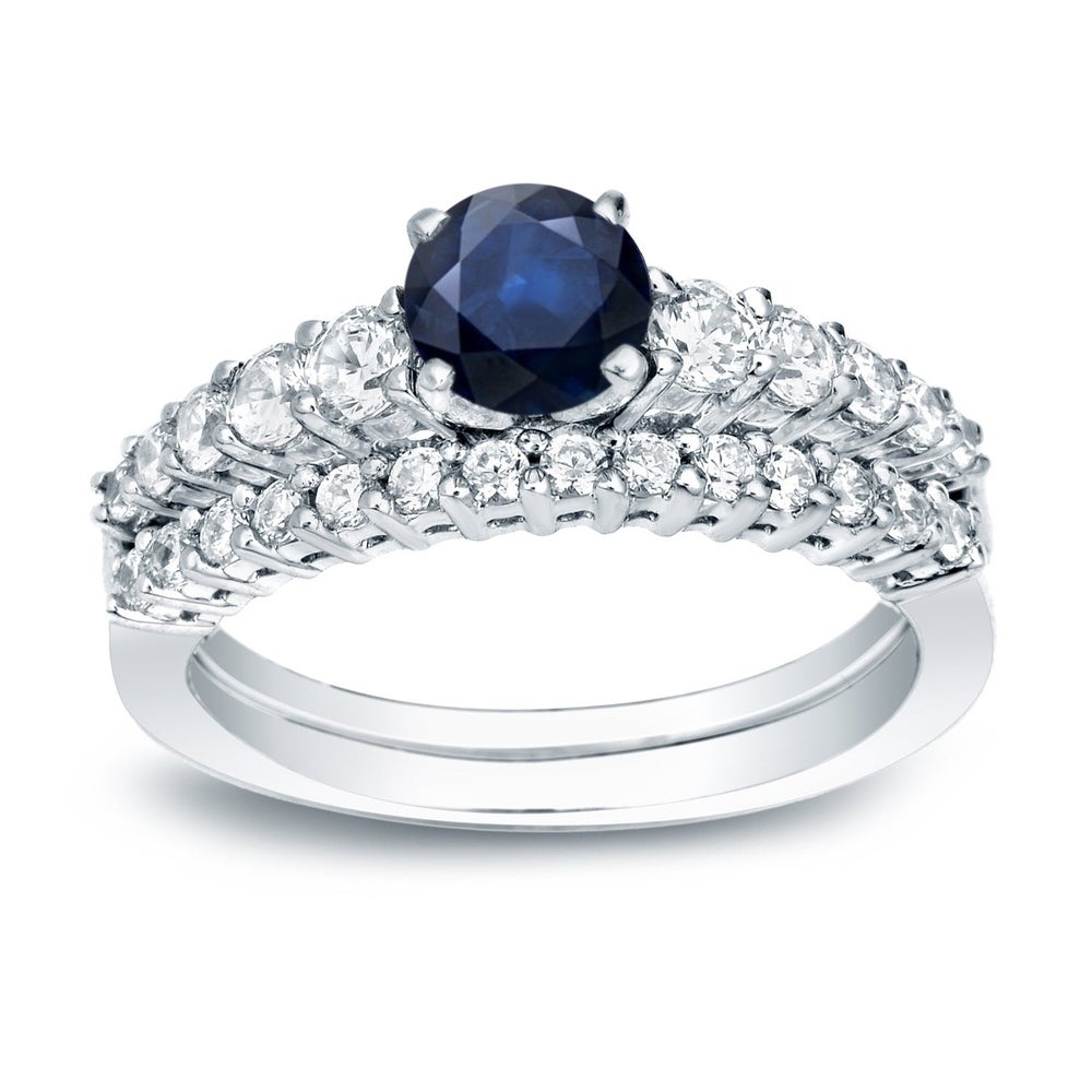 Auriya 14k Gold Classic 1/2ct Blue Sapphire and 1/2ctw Diamond Engagement Ring Set