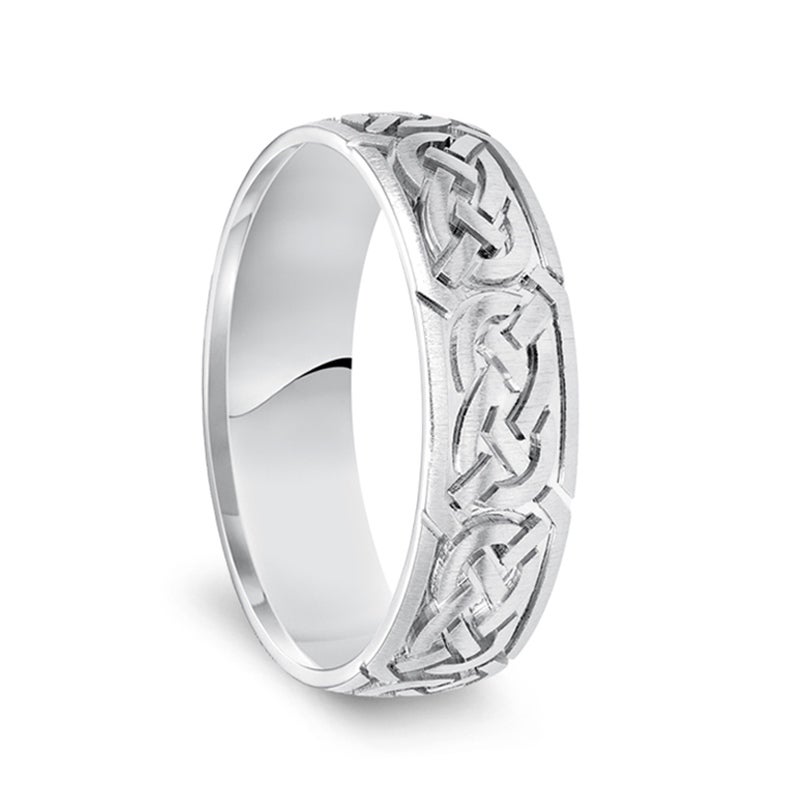 14k White Gold Engraved Celtic Knot Pattern Men’s Wedding Band with Satin Finish - 6.5mm