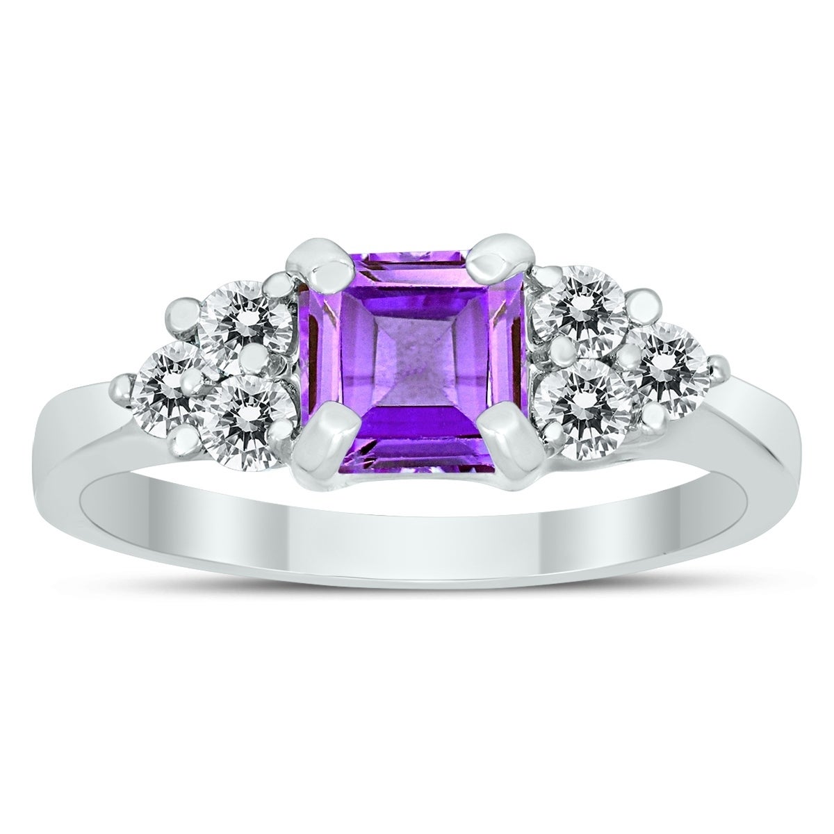 Princess Cut 6X6MM Amethyst and Diamond Duchess Ring in 10K White Gold