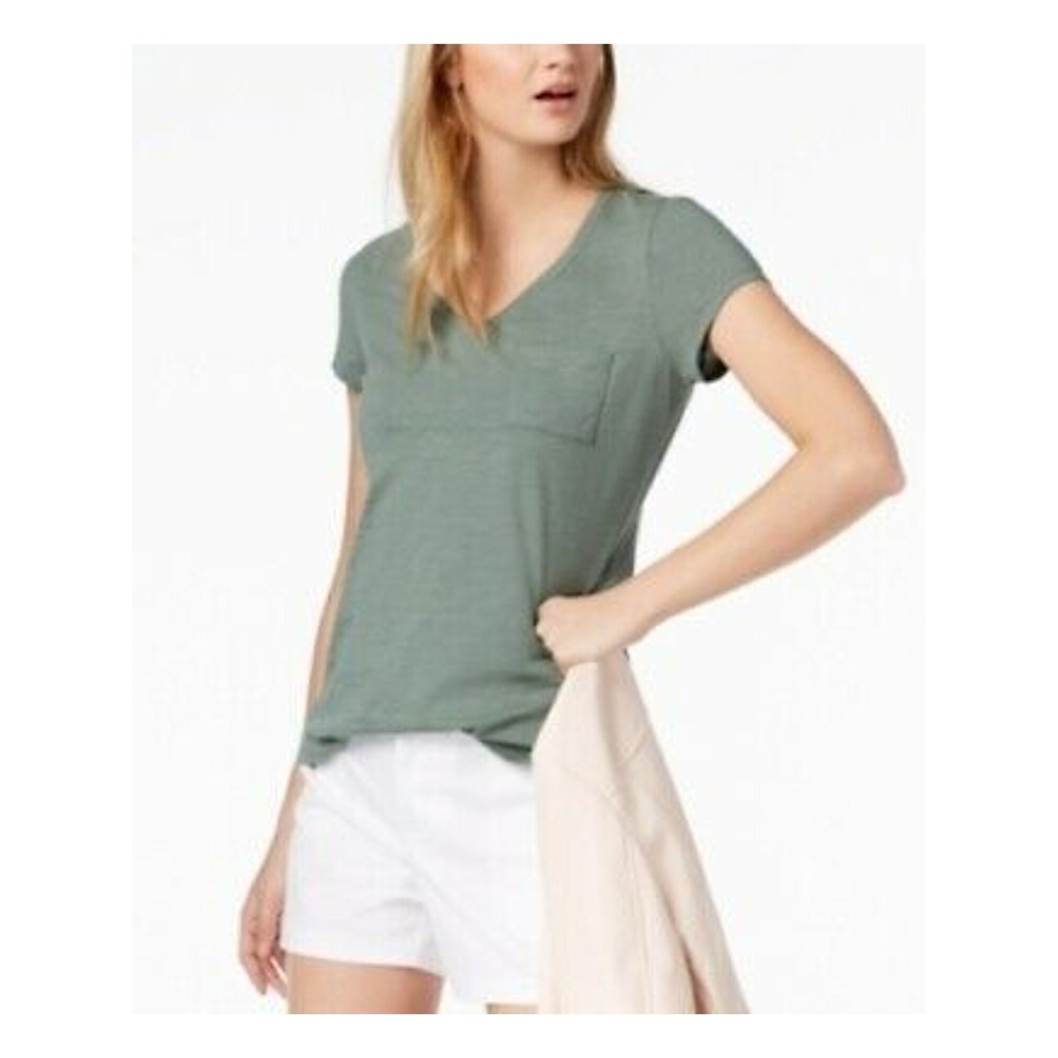 MAISON JULES Womens Green Short Sleeve V Neck T-Shirt Top Size M