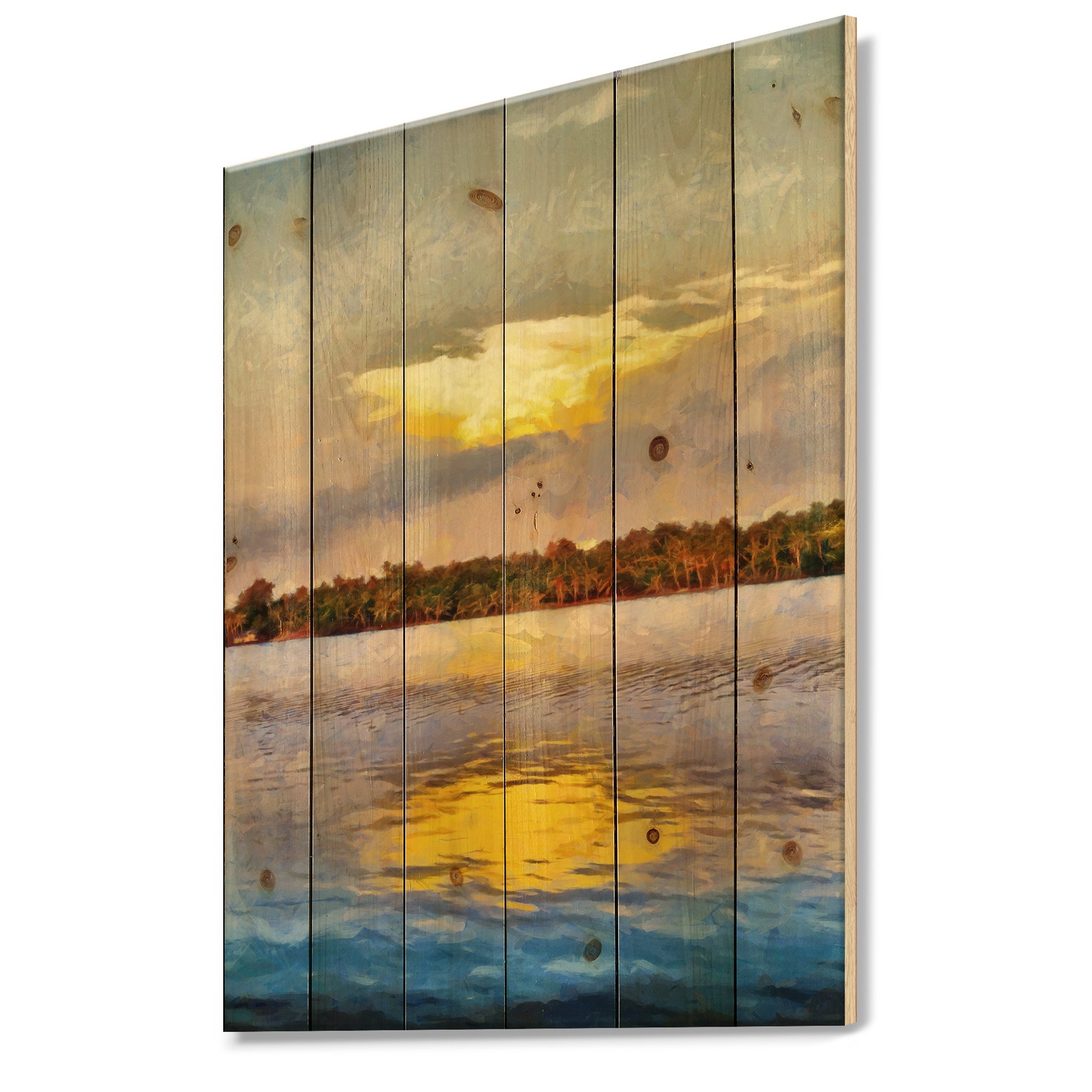 Designart 'Golden Reflection Of Sunshine On Lake' Traditional Print on Natural Pine Wood