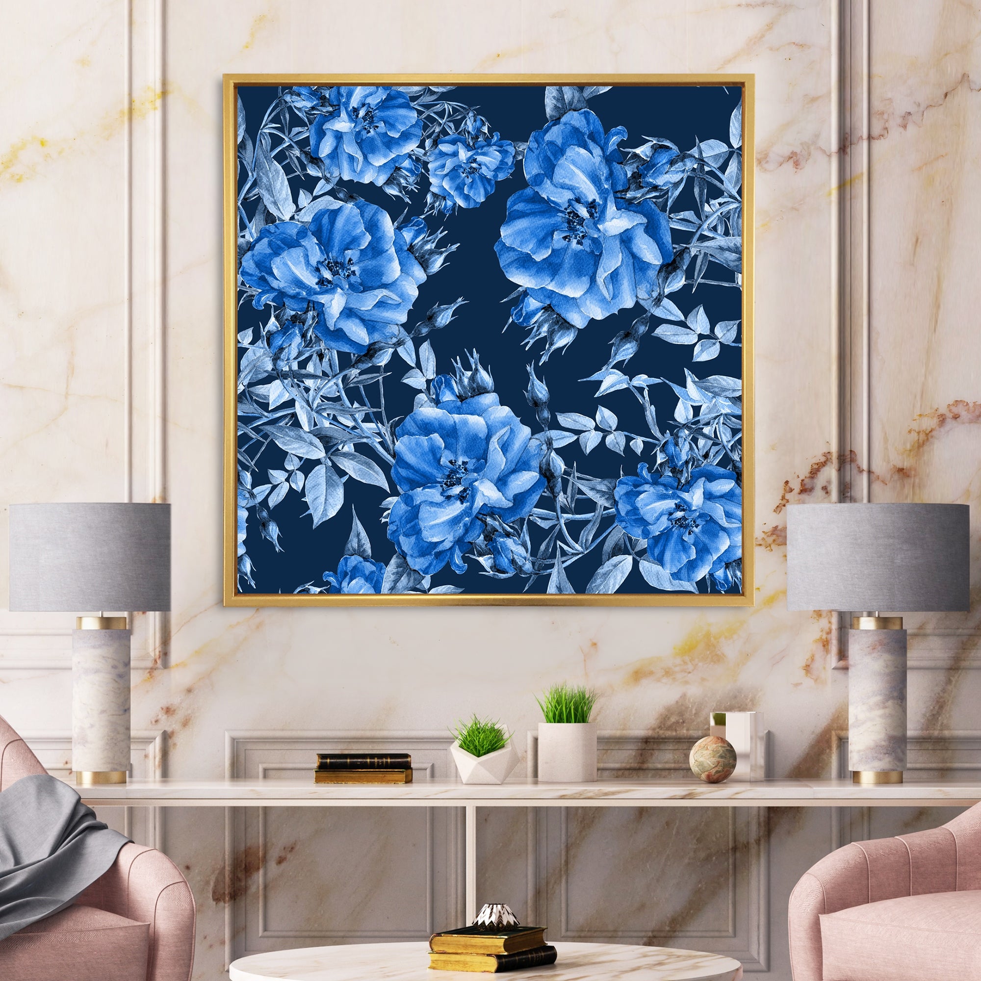 Designart 'Blue Abstract Wildflowers' Modern Framed Canvas Wall Art Print