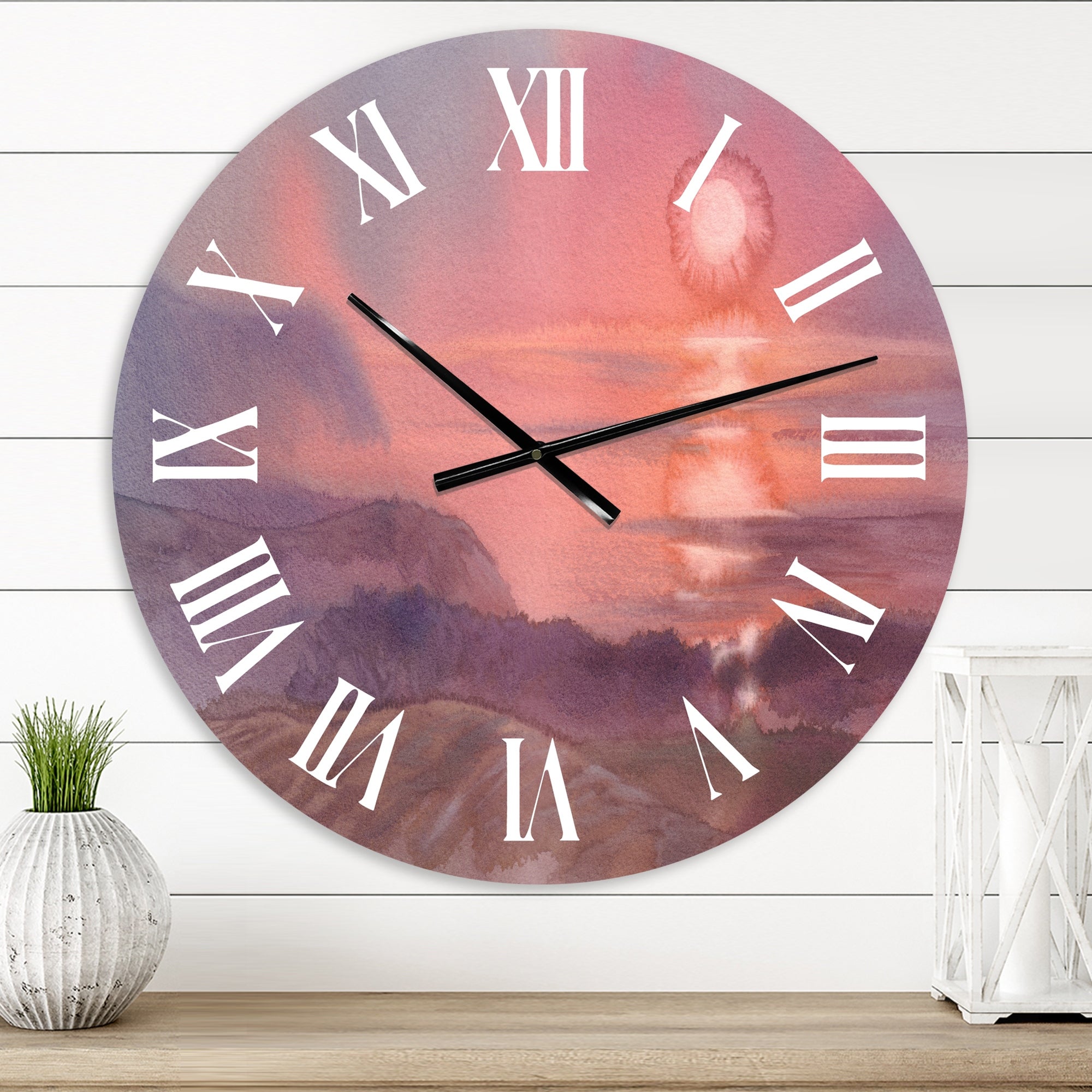 Designart 'Sunrise in Pink Watercolor' Farmhouse wall clock