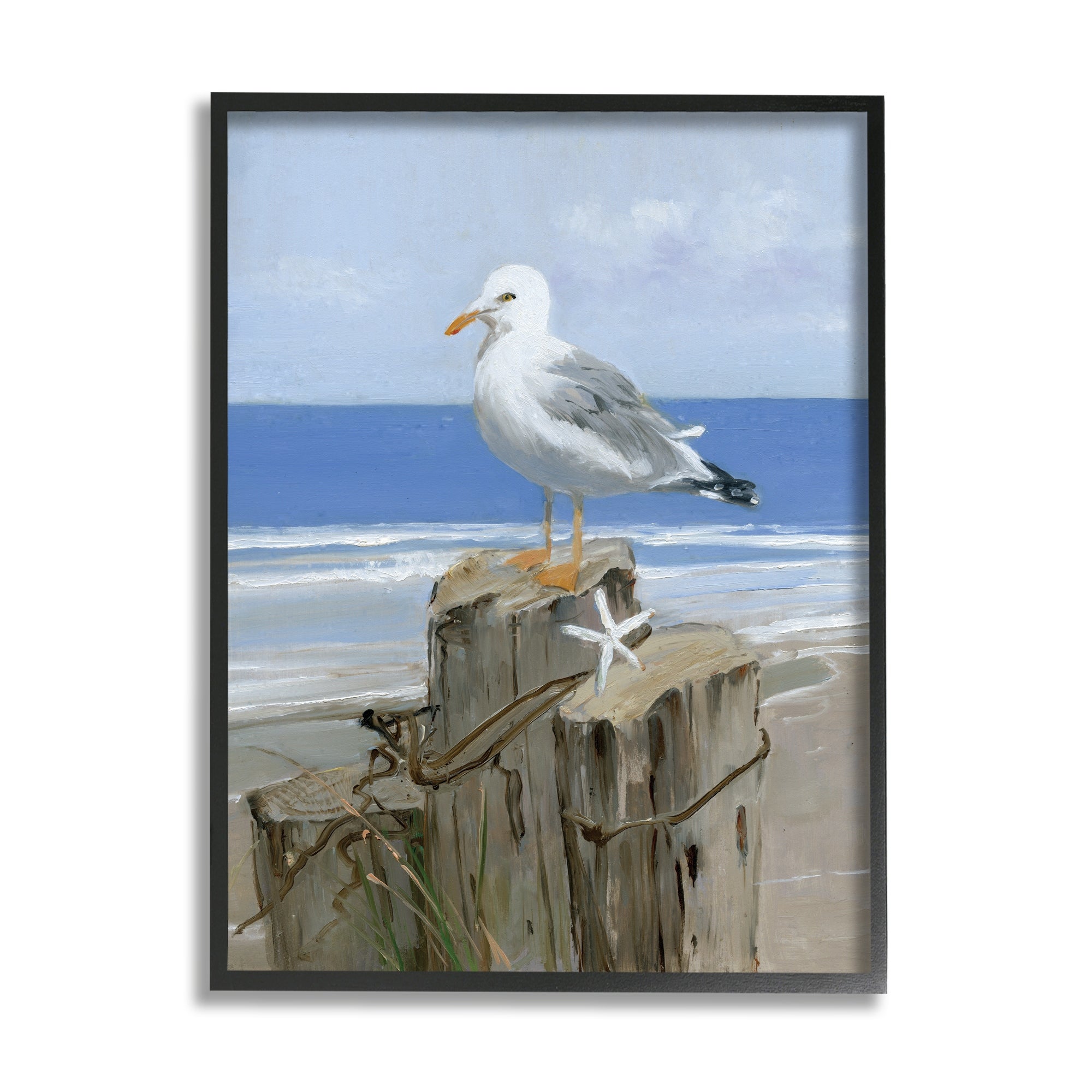 Stupell Industries Summer Seagull and Starfish Nautical Beach Post Framed Wall Art - Blue