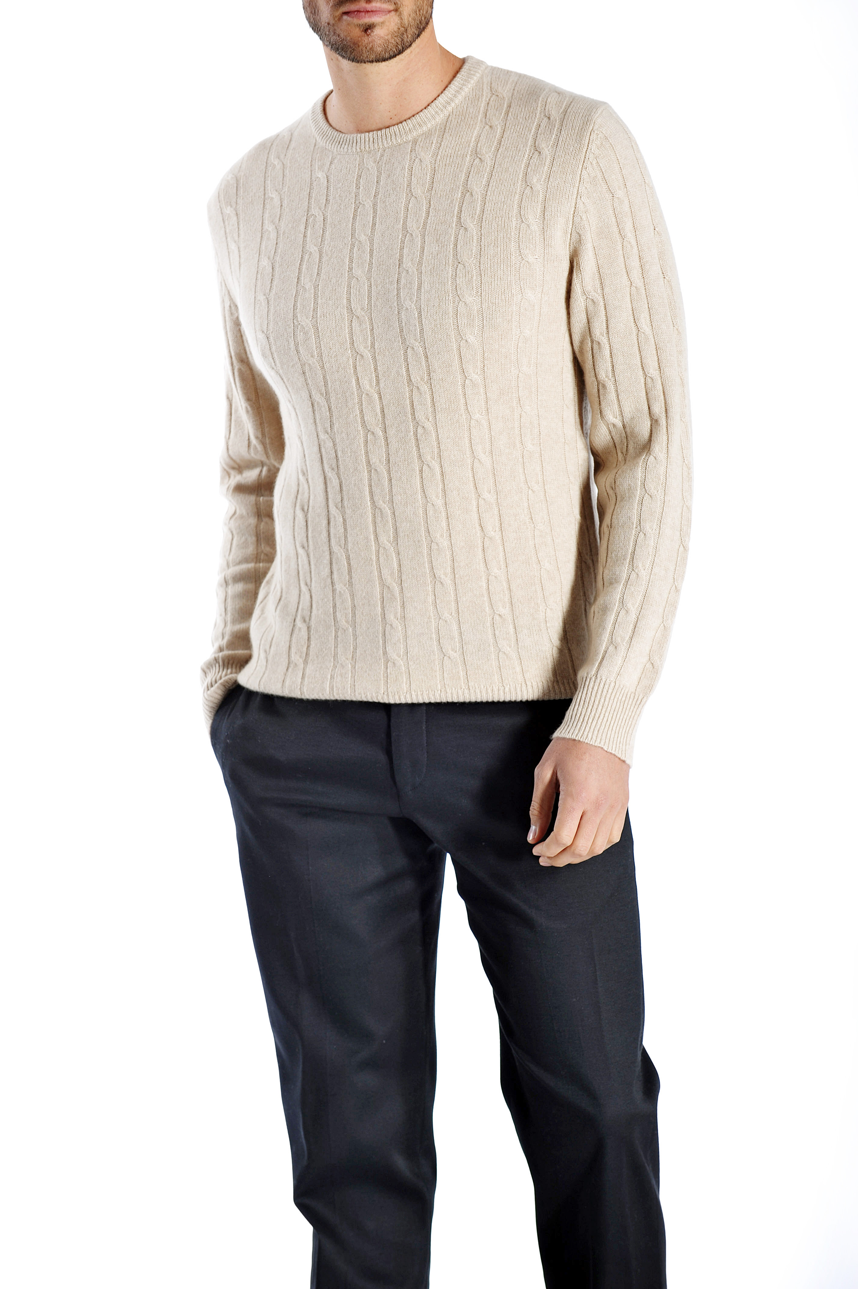 Men\'s Cable Cashmere Sweater (Camel, Large)