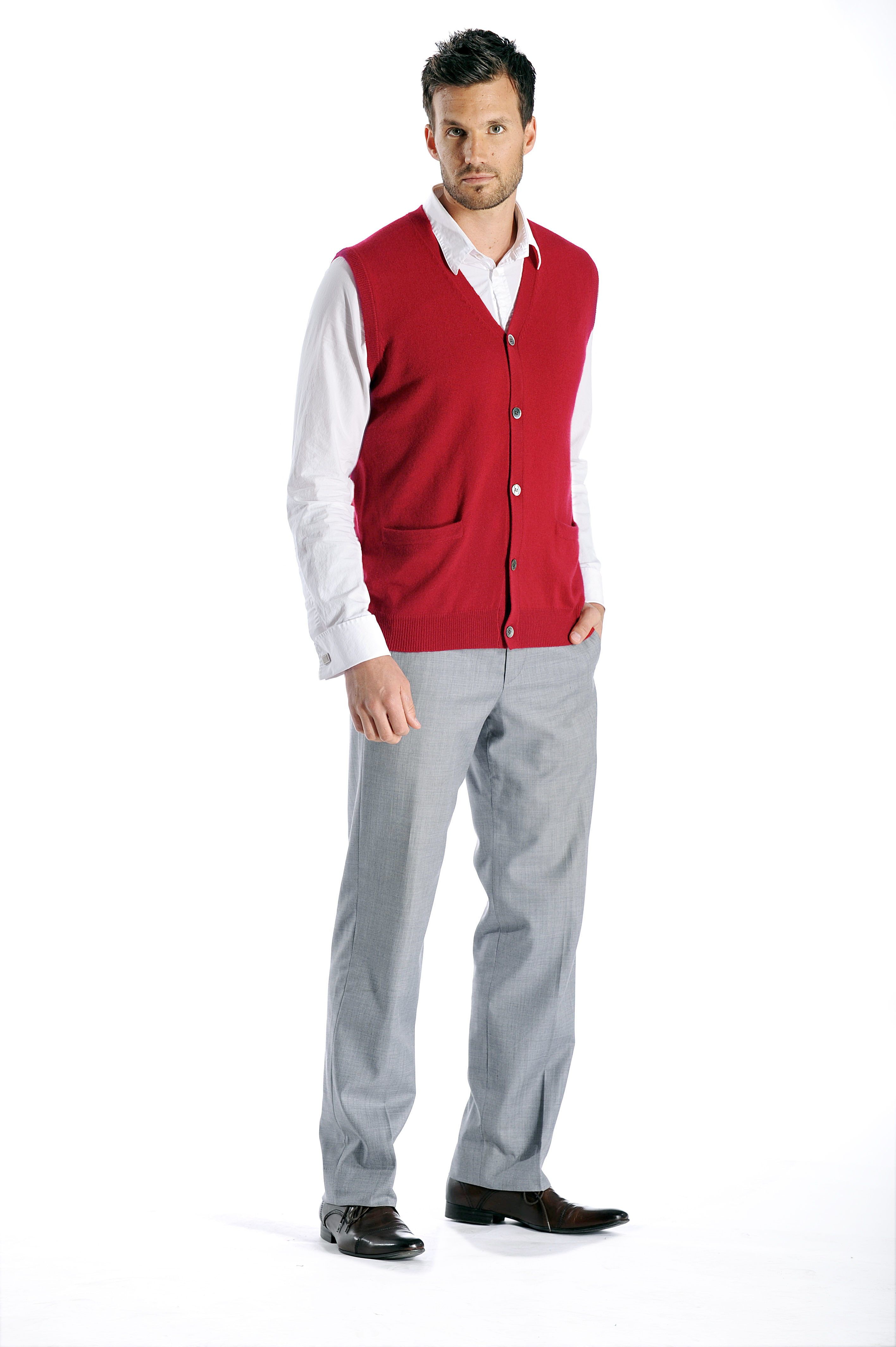 Men\'s Cashmere Sleeveless Cardigan Vest (Crimson, Extra Large)