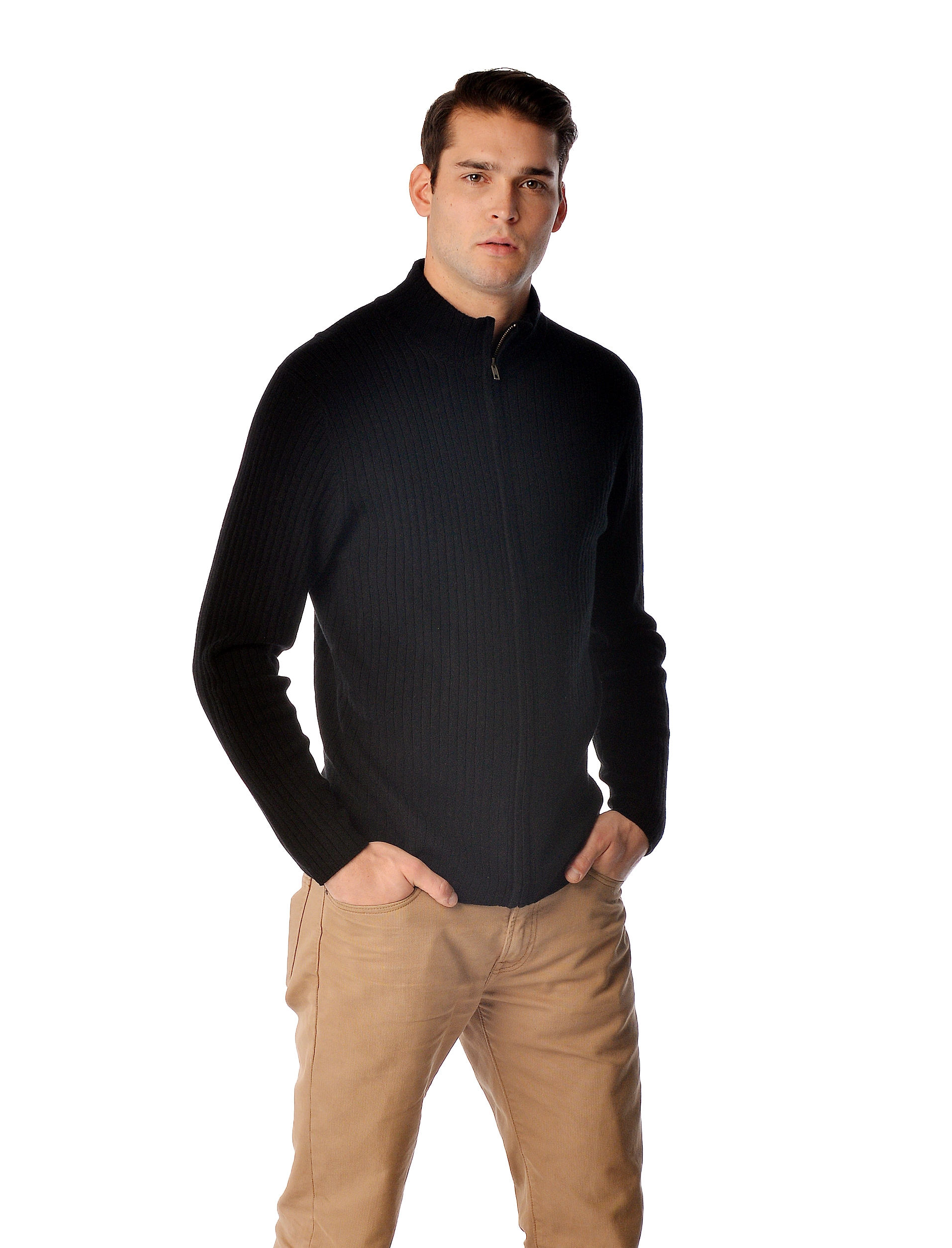 Men\'s Pure Cashmere Zip Cardigan Jacket (Black, Large)