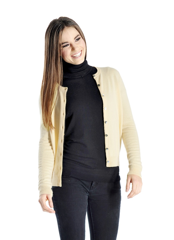 Women\'s Cashmere Round Neck Cardigan (Champagne, Large)