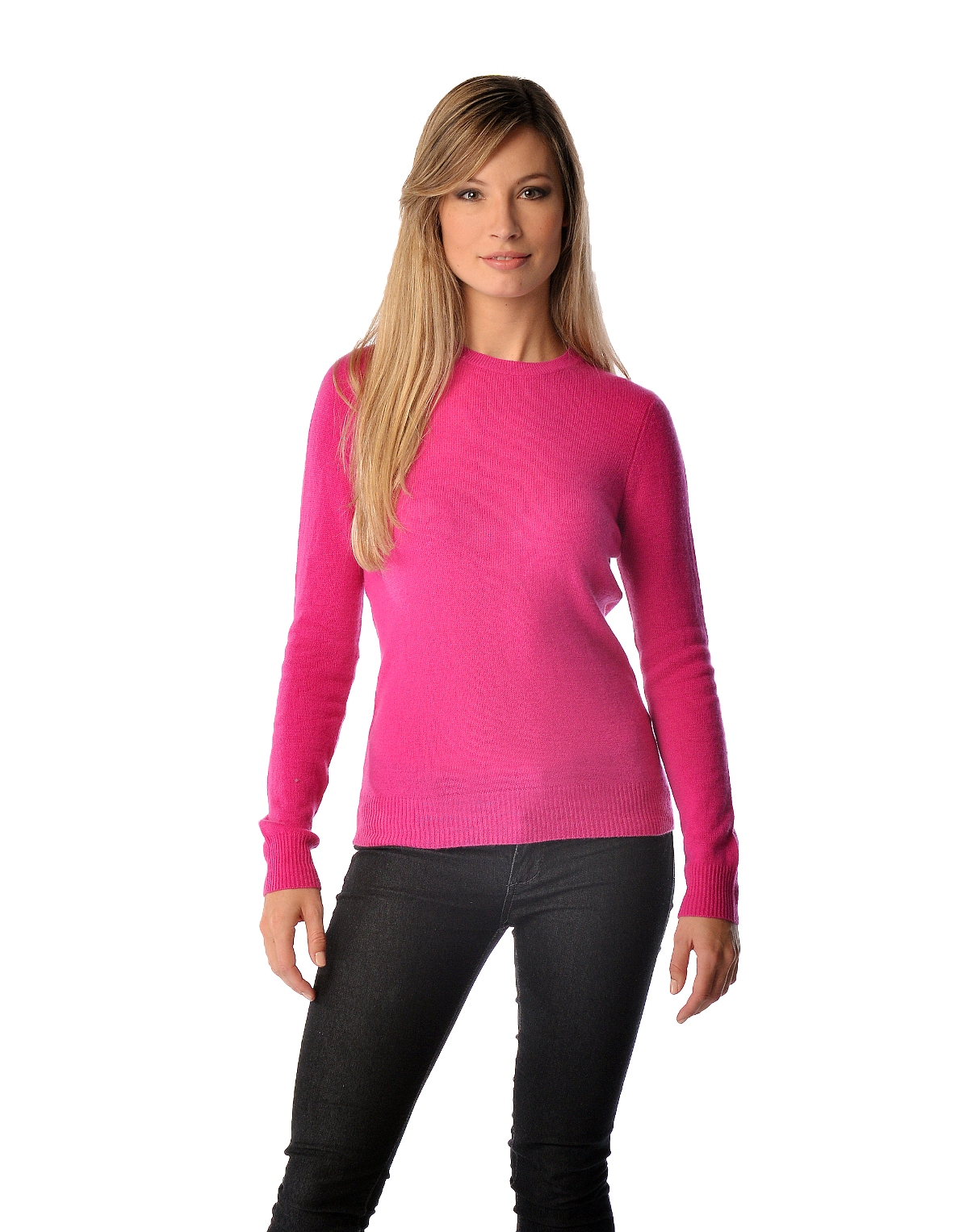 Pure Cashmere Crew Neck Spring Sweater for Women (Magenta Pink, Large)