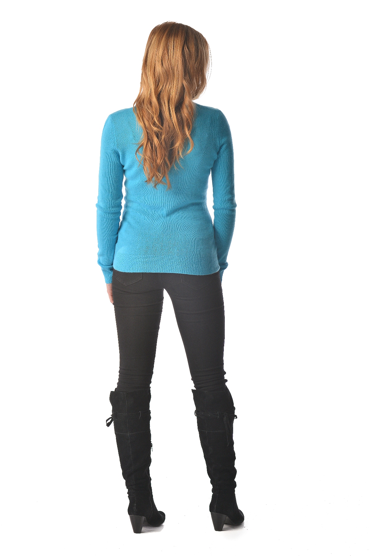 Pure Cashmere V-Neck Spring Sweater for Women (Turquoise Blue, Large)