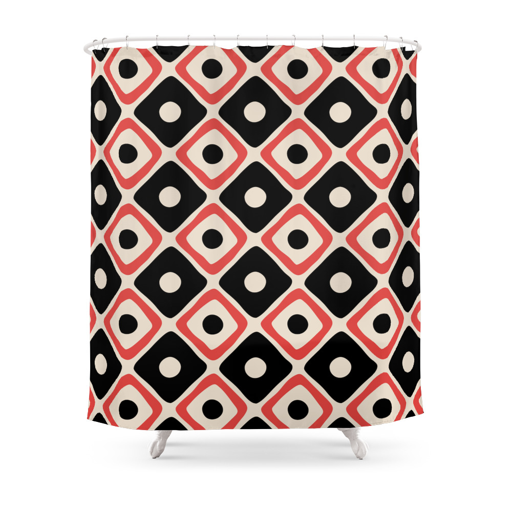 Mid Century Modern Diamond Dot Pattern 782 Black and Red Shower Curtain by tonymagnerdesign