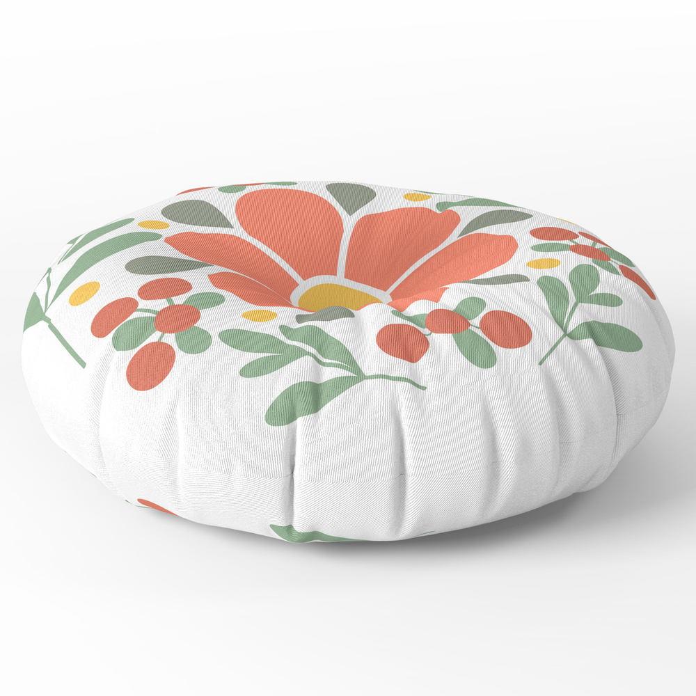 A Red Flower and Lingonberries Round Floor Pillow - x 26