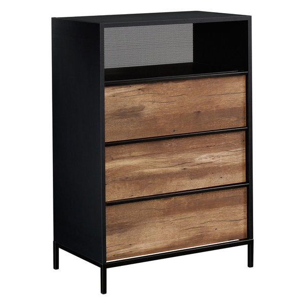 Pemberly Row 3-Drawer Metal Chest, Black With Vintage Oak accents