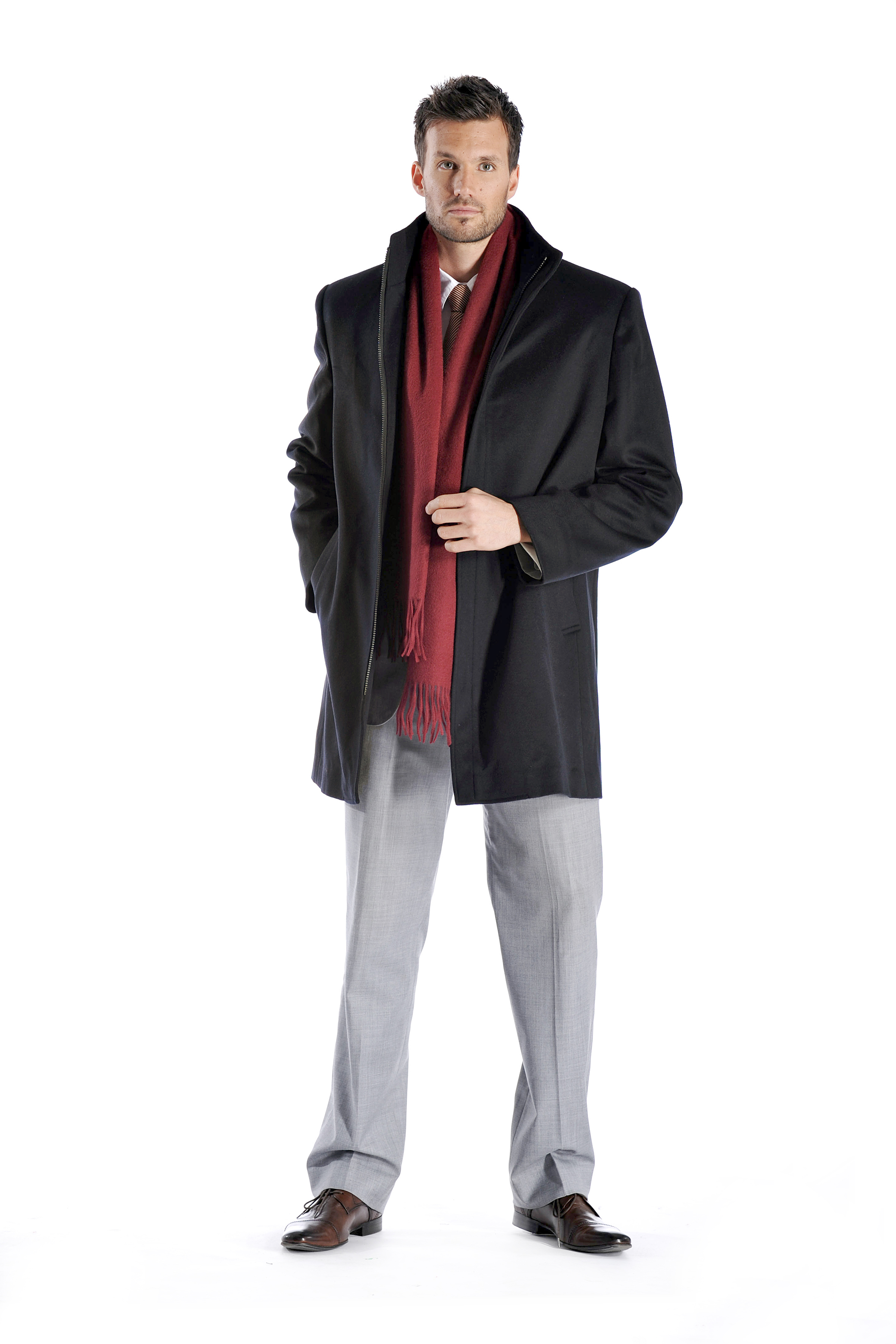 Men\'s Zip Cashmere Coat with Straight Collar (Black, 48)