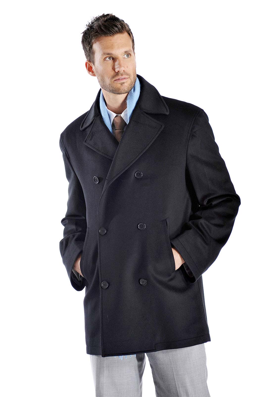 Men\'s Cashmere Pea Coat (Black, 40)