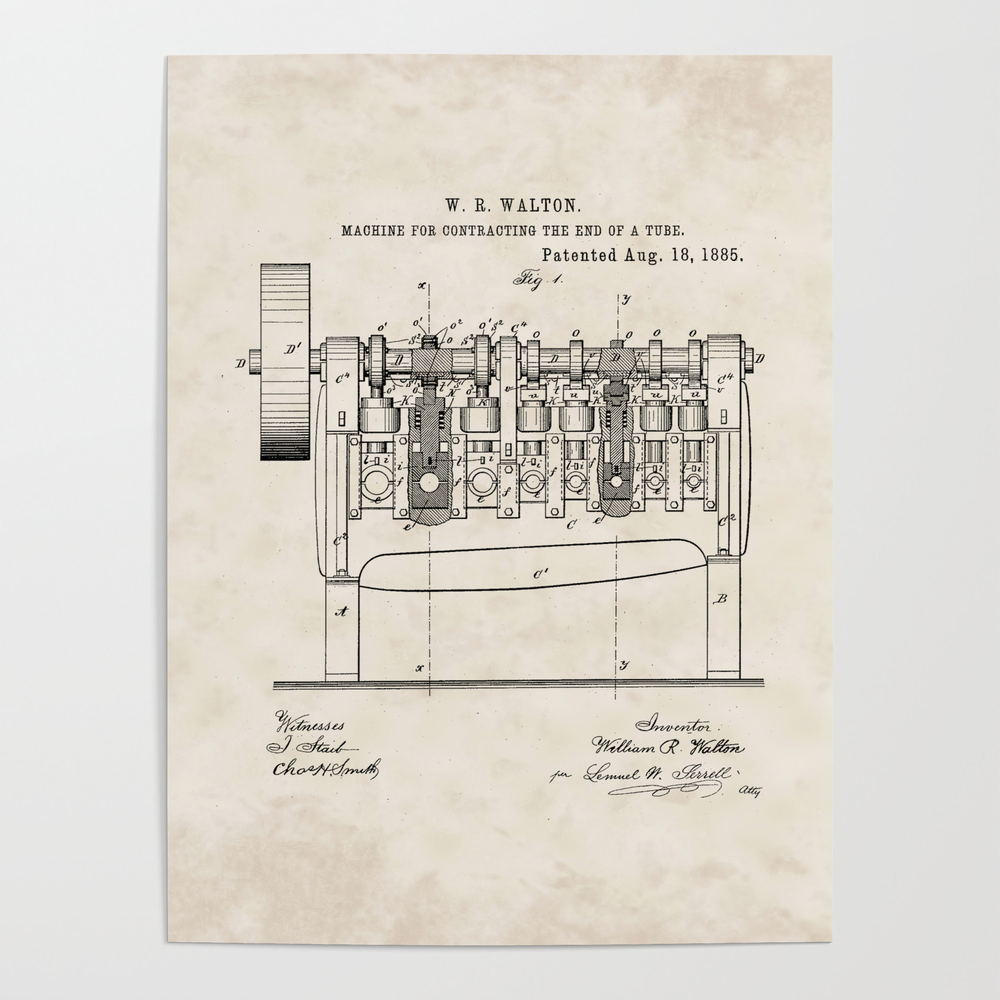 Machine for Contracting the End of a Tube Vintage Patent Hand Drawing Poster by patentdrawings