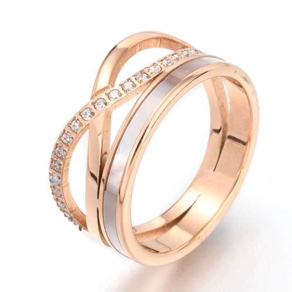 PandaHall 304 Stainless Steel Criss Cross Rings, with Rhinestone, Rose Gold, US Size 7, Inner Diameter: 17mm Stainless Steel+Rhinestone