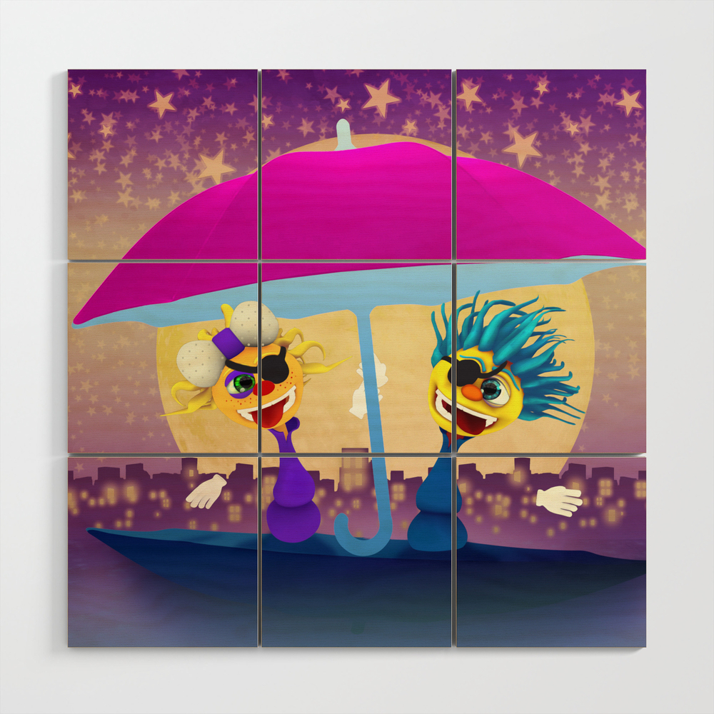 Cartoony Pirates With Pink Umbrella Under Moonlight Wood Wall Art by svitac